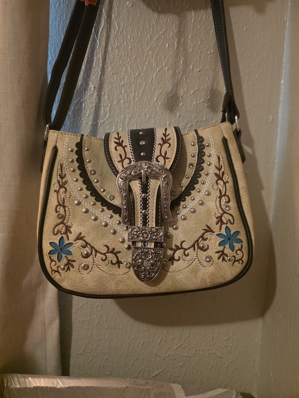 Cream Embroidered Buckle Crossbody Bag with Turquoise Accents